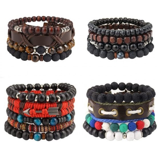 4 Sets Braided Leather Bracelets For Men Women Multilayered Viking Tribal Bracelets Beads Hemp Faux Leather Wristbands Punk Adjustable